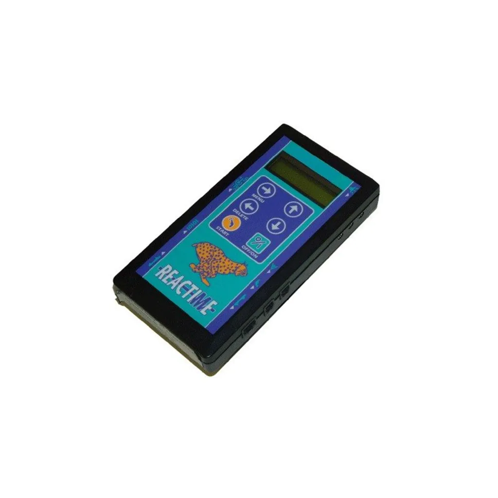 Handheld Reactime training device with teal control panel, small LCD, arrow buttons and a cheetah graphic with the text Reactime.
