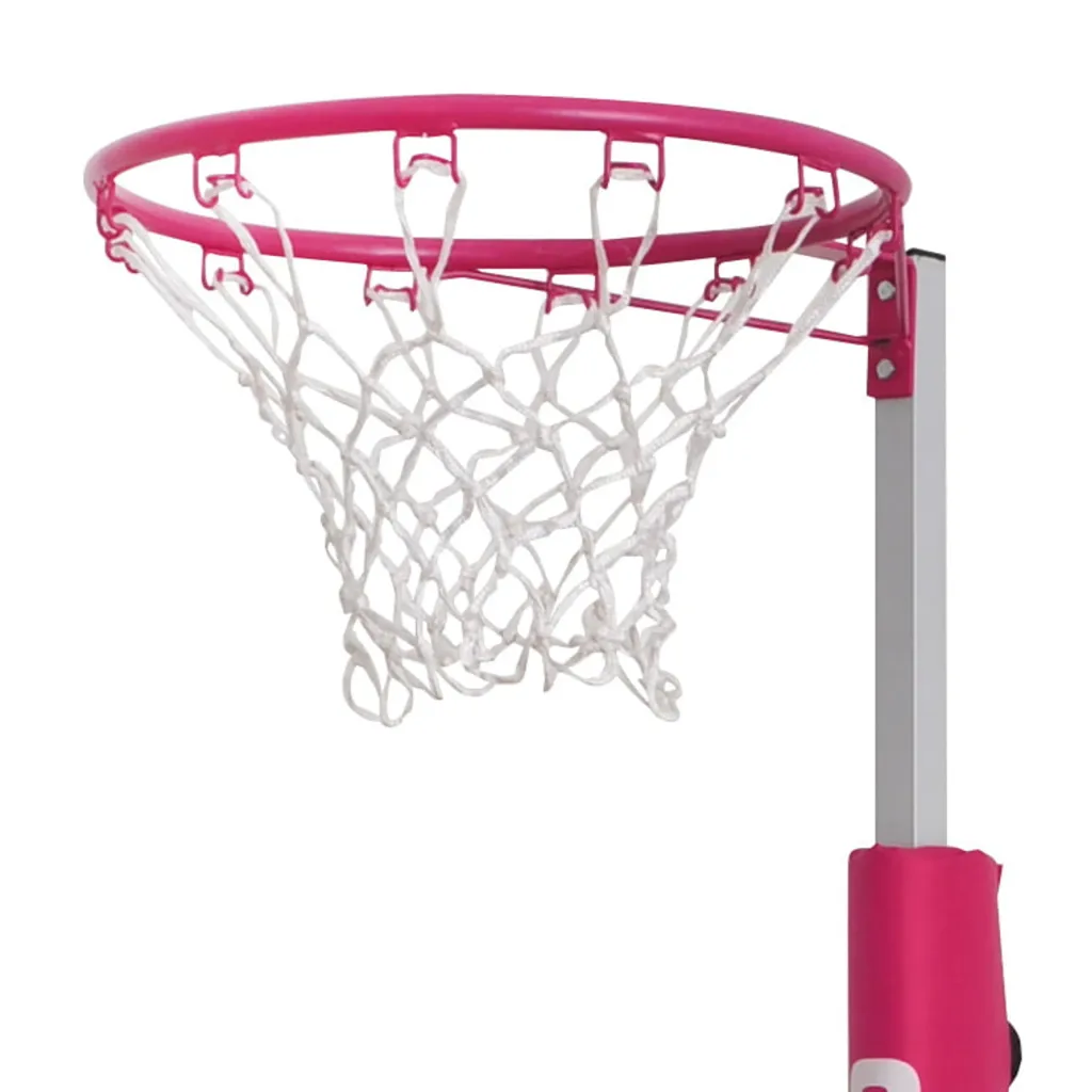Junior netball hoop with silver powder-coated steel ring and white nylon net mounted on a black telescopic pole with black padding and ballast.