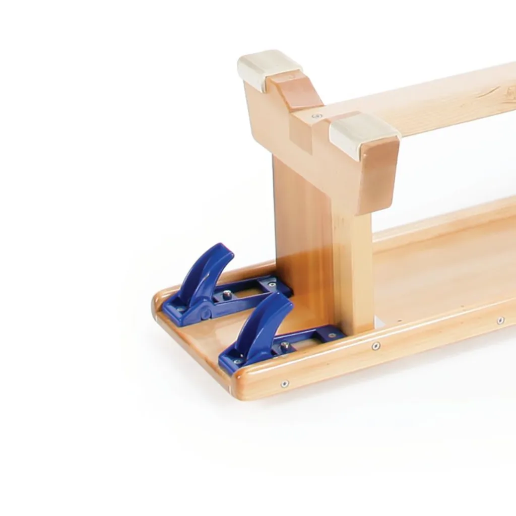 Kiln-dried pine balance bench corner with dovetail joint, rubber-capped top ends and two blue nylon hooks attached.