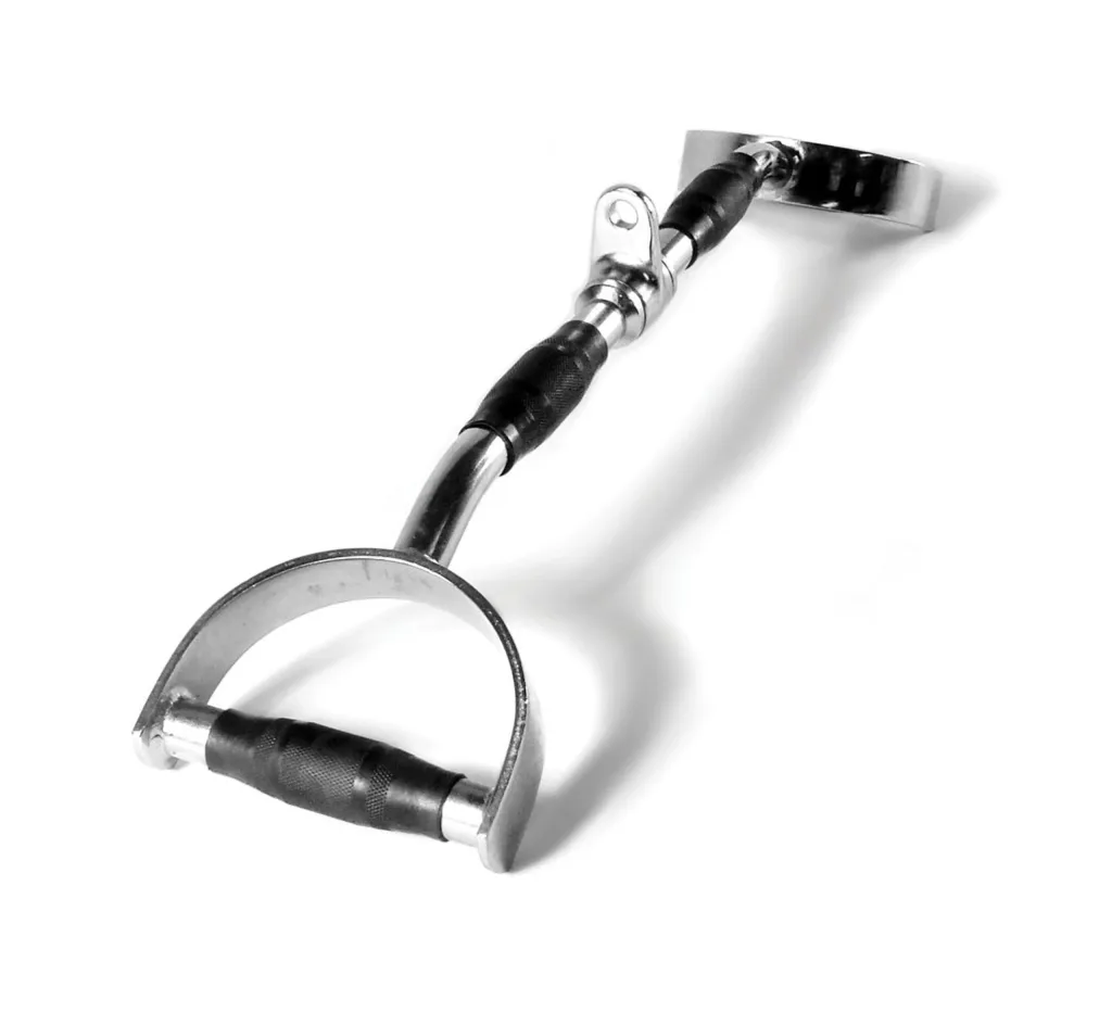 Cable attachment d-handle with chrome metal shaft, swivel eyelet and textured urethane grips.