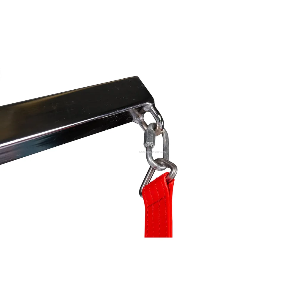 Silver carbon steel beam with metal link connectors and carabiner attaching a red stitched strap.