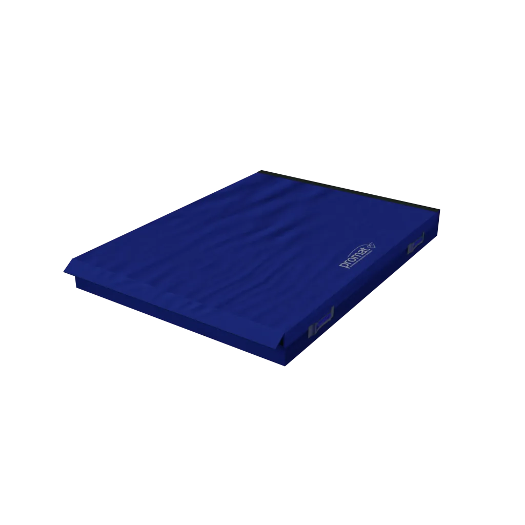 Blue rectangular safety mat with flame-retardant PVC cover, visible carry handles and hook-and-loop connectors.