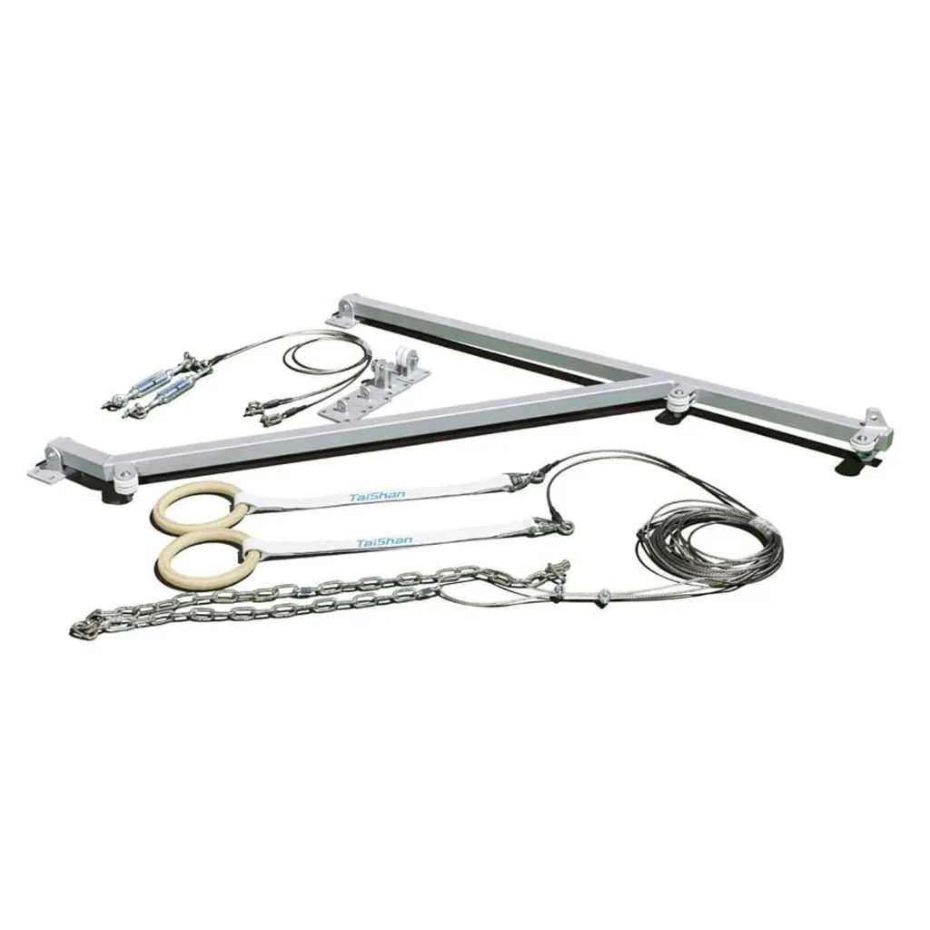 Triangular carbon steel wall frame with two plywood rings on leather straps, stainless steel wire ropes, chains, and mounting bolts.
