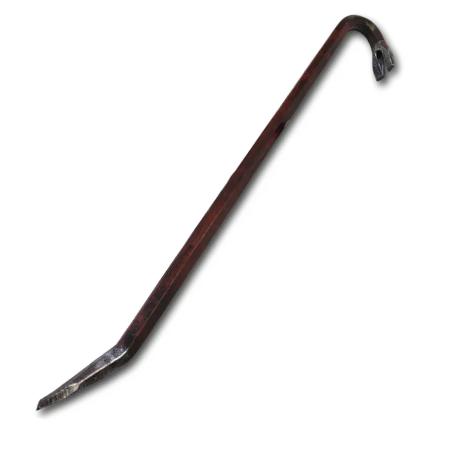 PU foam crowbar training prop in dark reddish-brown with hooked end and flattened pry tip.