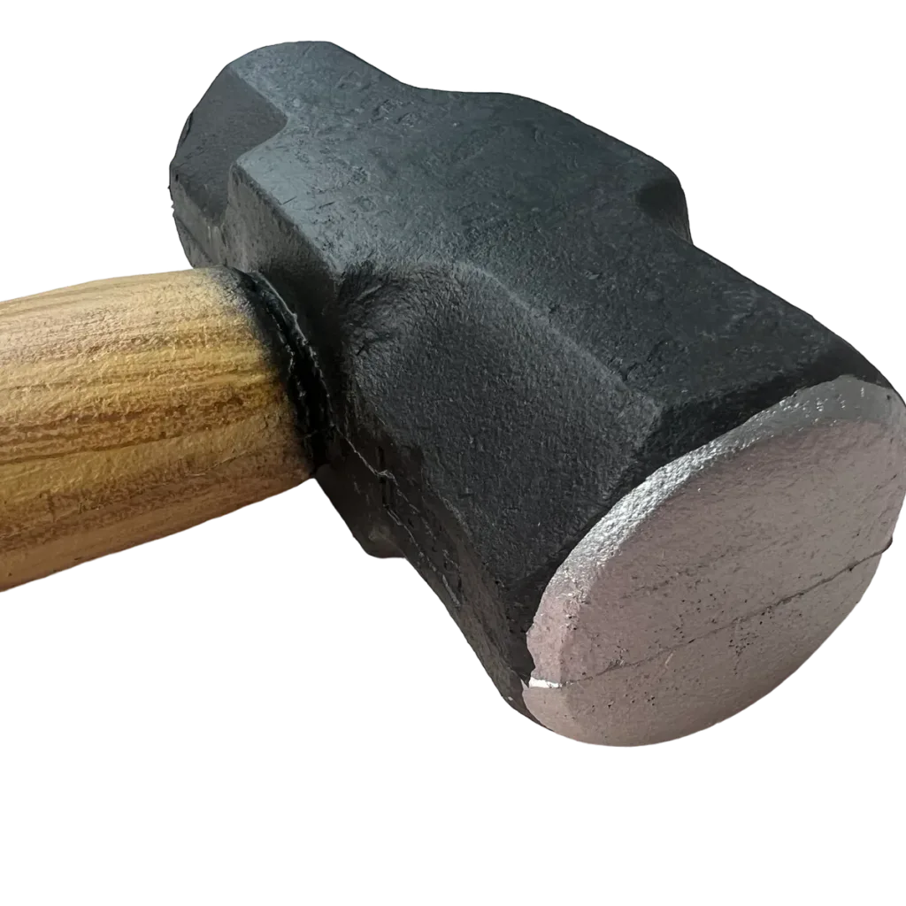 Close-up of a long sledgehammer training prop showing a black PU foam head and wooden handle.