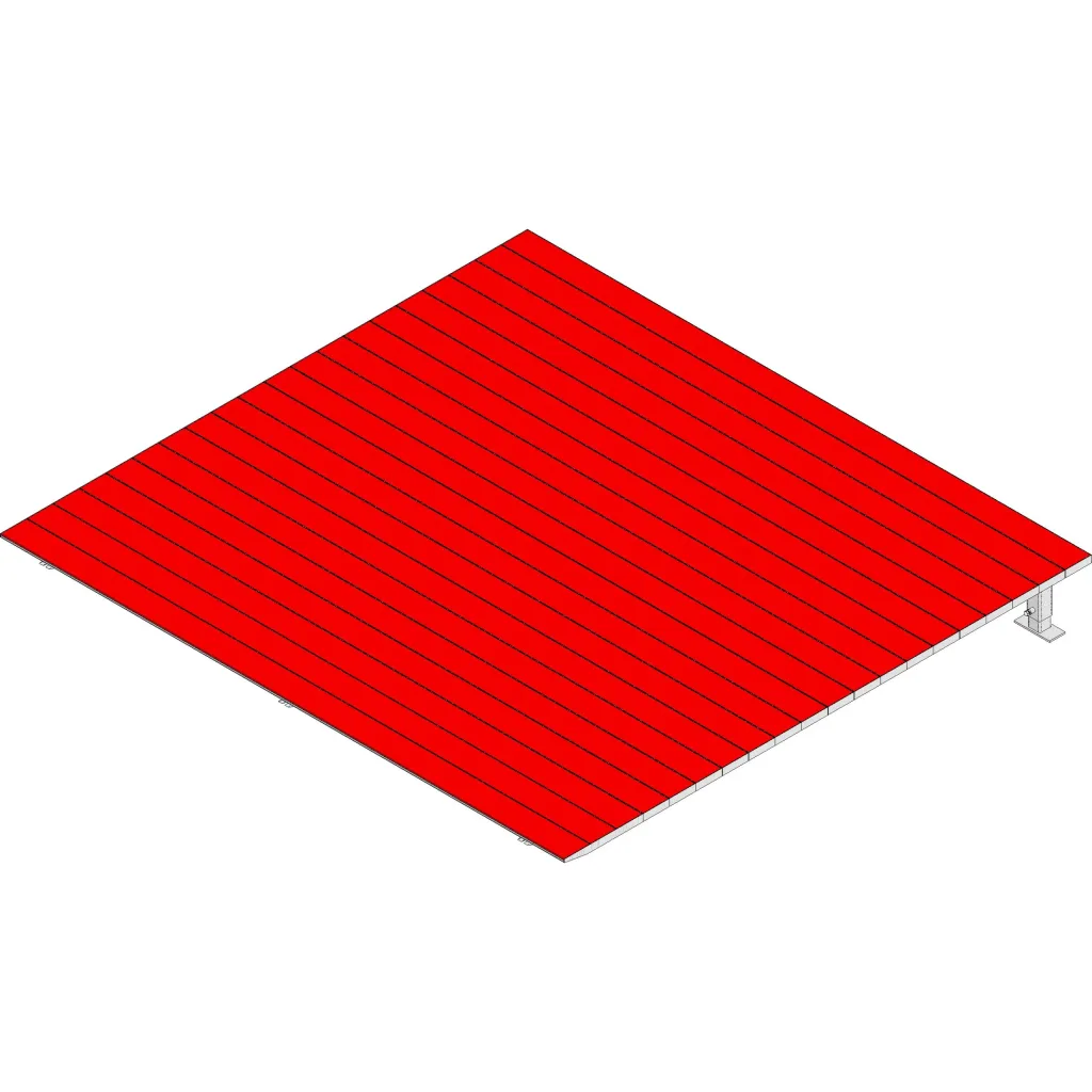 Red slatted water jump platform with aluminium frame and a single support leg, shown in isometric view.