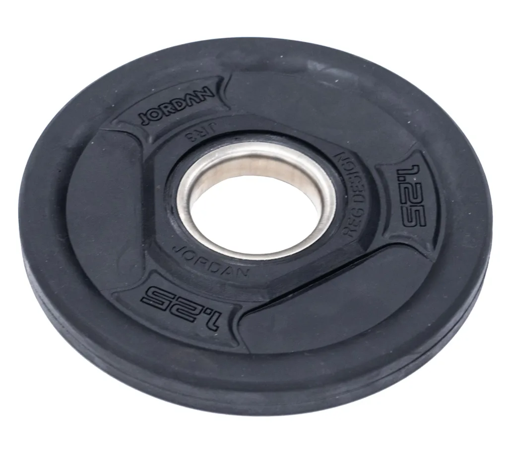 Black three-grip rubber-coated cast-iron Olympic weight plate stamped JORDAN and 1.25.