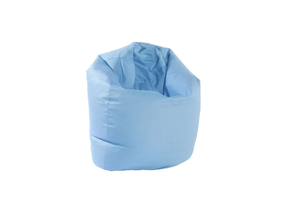Sky blue cotton child-sized bean bag with rounded base and scooped back against a white background.