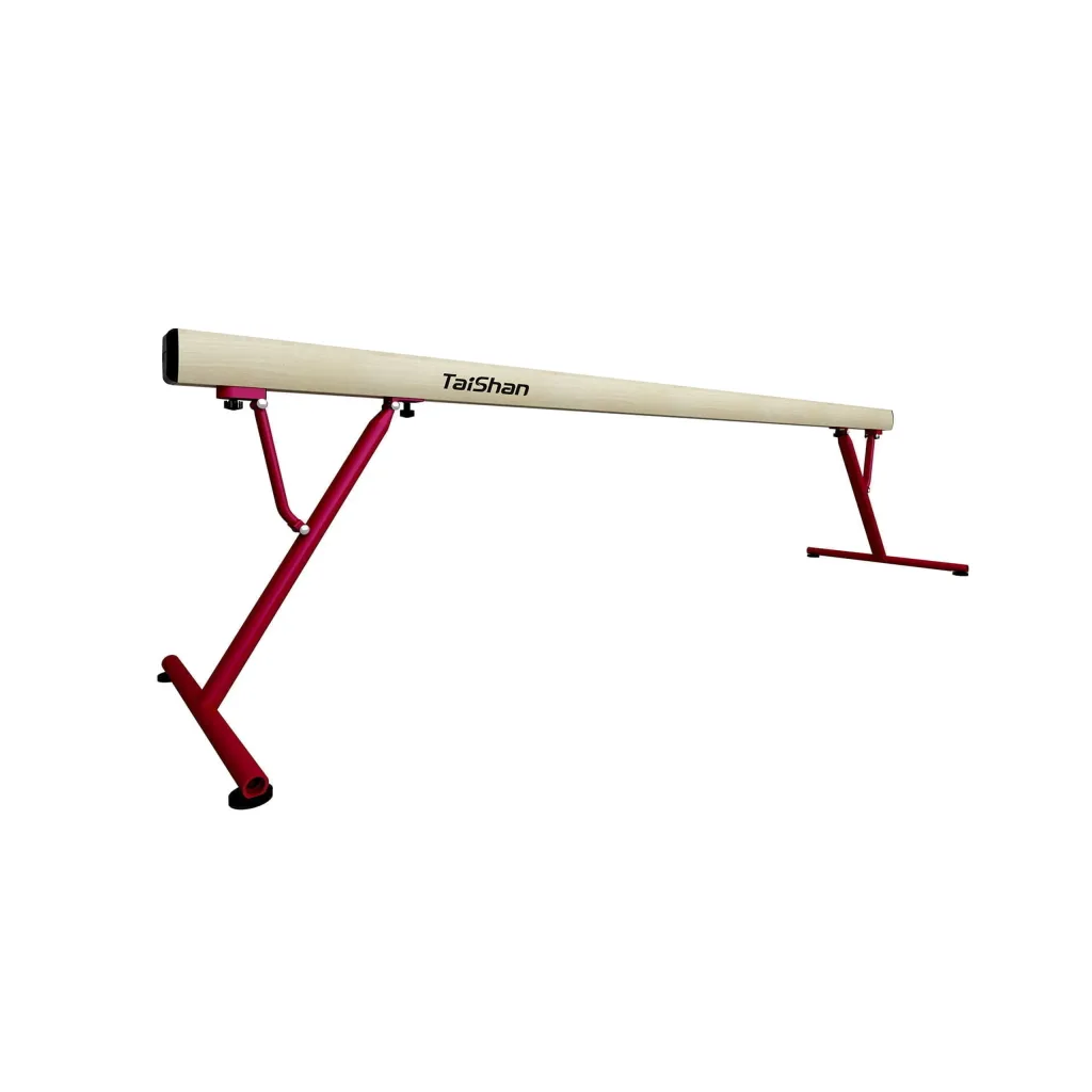 FIG-approved competition balance beam with a reinforced aluminium bar topped by a padded non-slip surface and red adjustable metal supports.