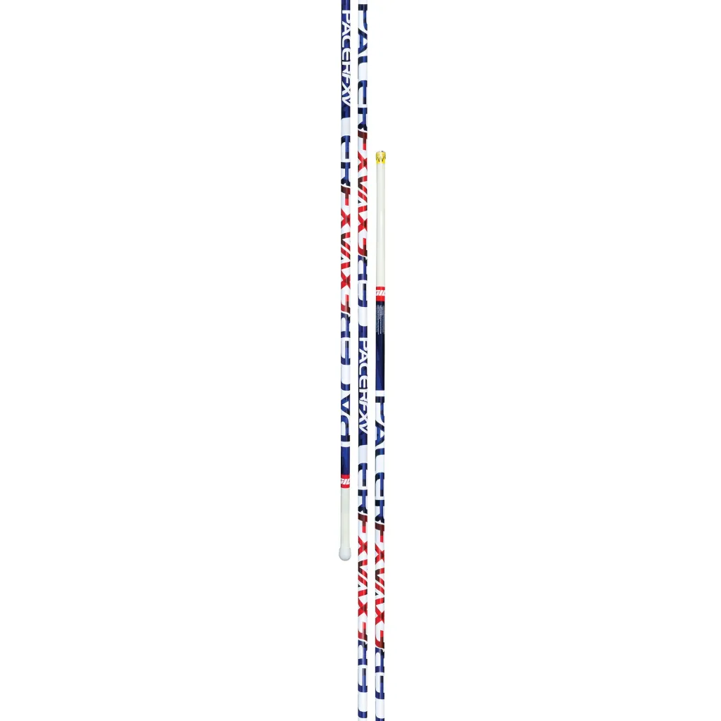 Two long white pole vault poles with red and blue graphics and repeated text PACER FX, alongside a shorter white pole with a yellow tip.