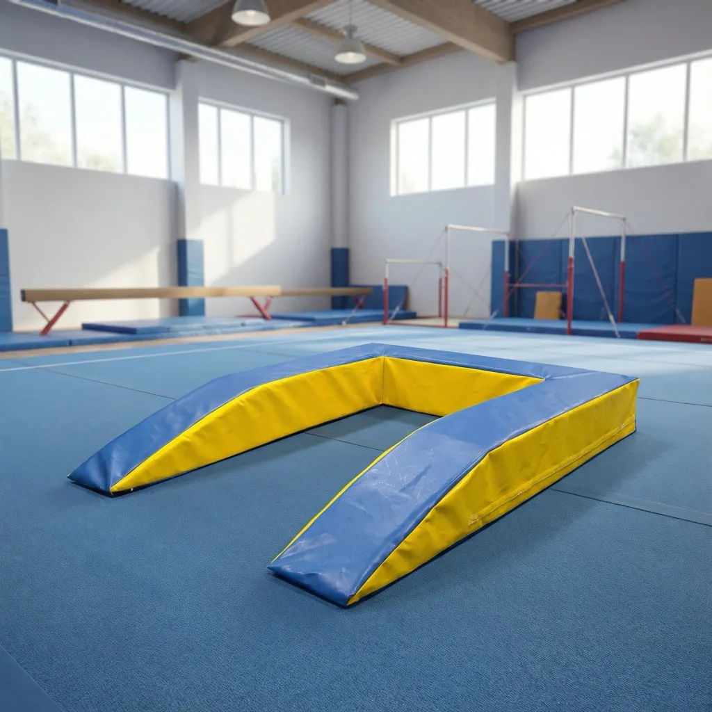 Blue top and bottom, yellow-sided foam springboard surround placed on a gymnastics floor mat in a bright training hall.