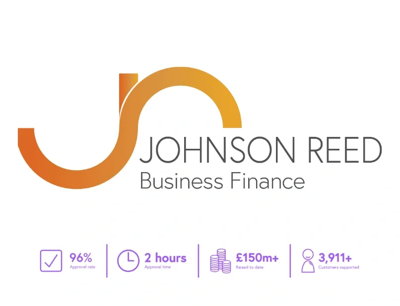Logo 'JOHNSON REED Business Finance' with orange curved JR mark and icons labeled '96% Approval rate', '2 hours Approval time', '£150m+ Raised to date', '3,911+ Customers supported'.