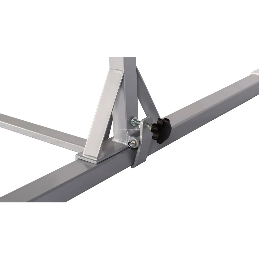 Carbon steel adjustable kids high-bar base with triangular support, three-point locking knob and bolt, showing text www.taishansports.com.