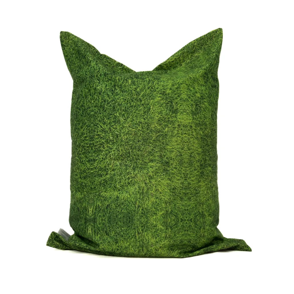 Nature print large floor cushion with green grass pattern, 100% polyester outer cover and removable inner liner, shown upright on a white background.