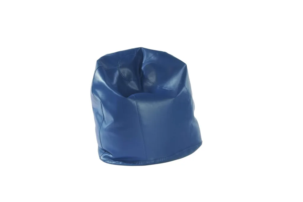 Royal blue faux leather child bean bag with 100% PVC cover, stitched panels and a slumped seat on white background.