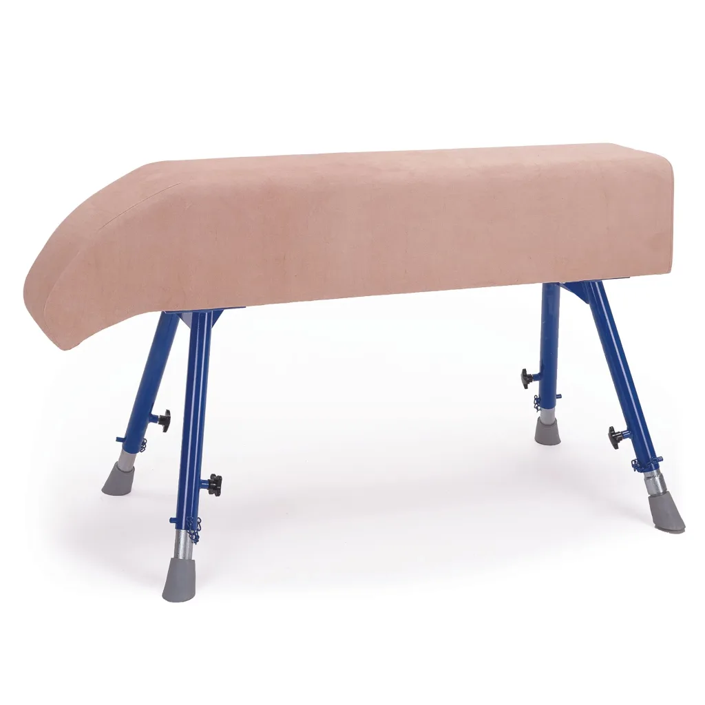 Vaulting buck with a padded hide body on fully adjustable steel legs, visible height-adjustment knobs and gray rubber foot caps.