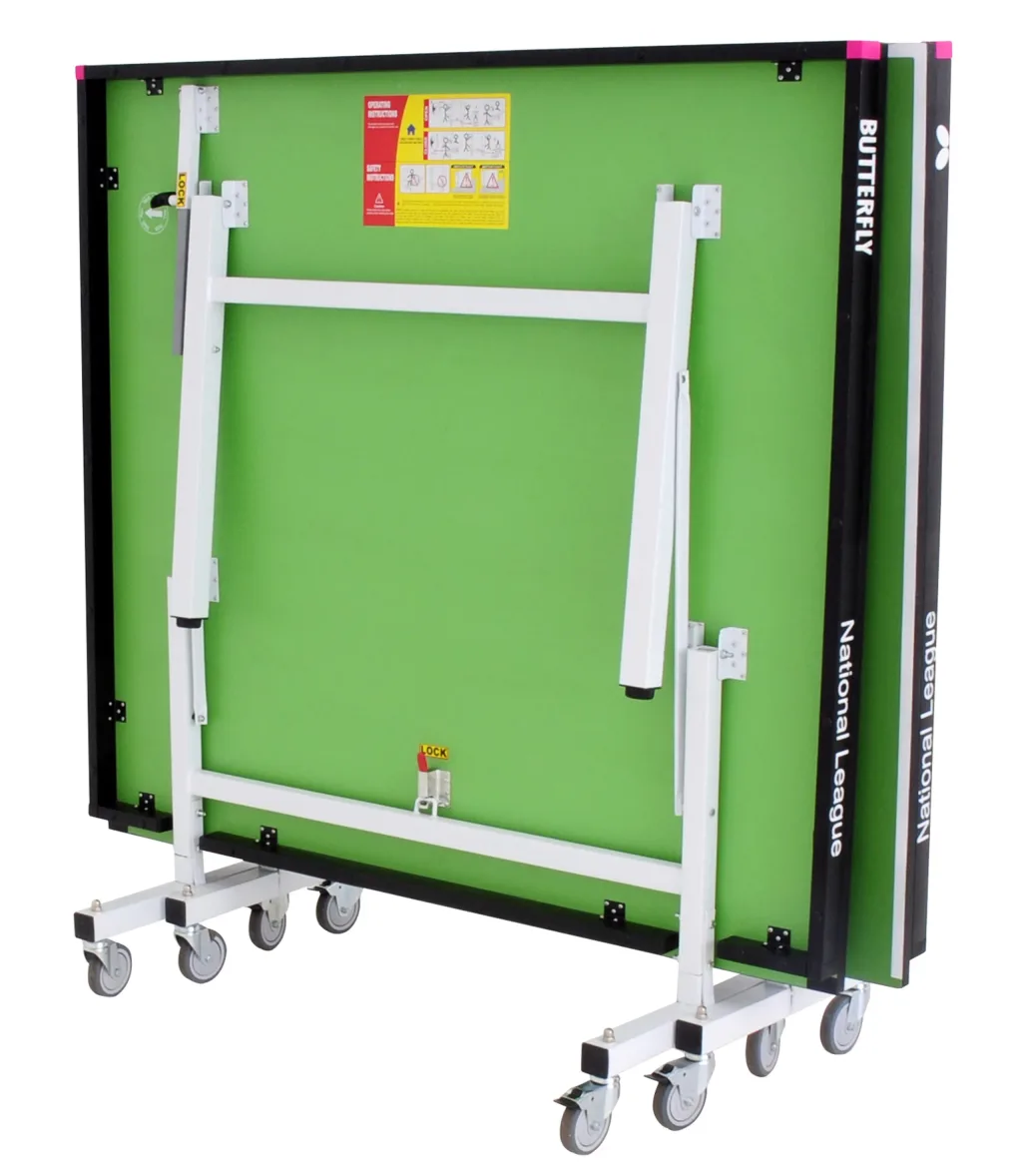 Folded green table tennis table with light silver legs and undercarriage, magenta corner pieces, caster wheels, and National League printed on the black edge.