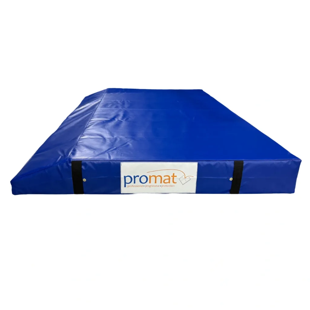Blue single wedge end deck mat with black carry handles and a white label reading promat.