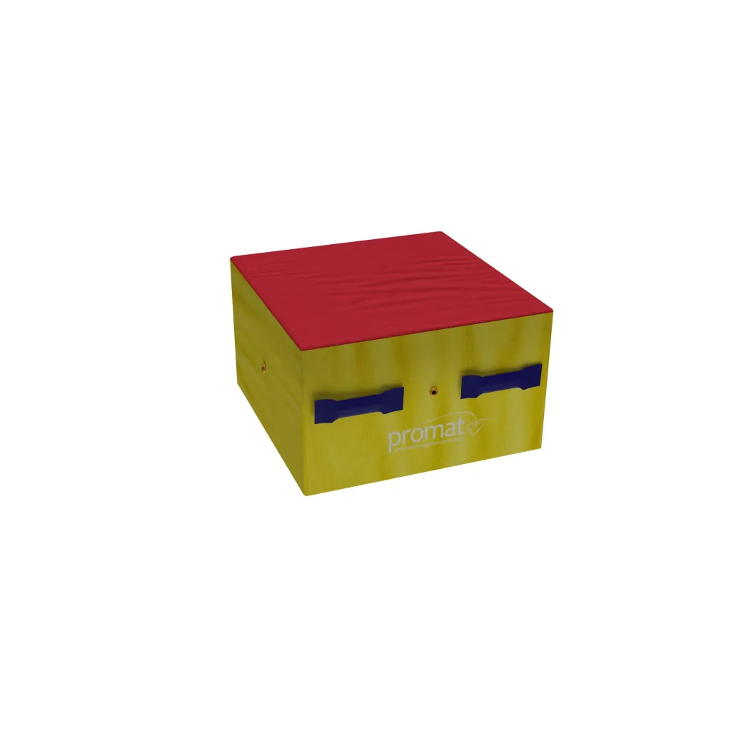 Small spotting block with red top and bottom, yellow ends, two handles and the text "promat" on the front.