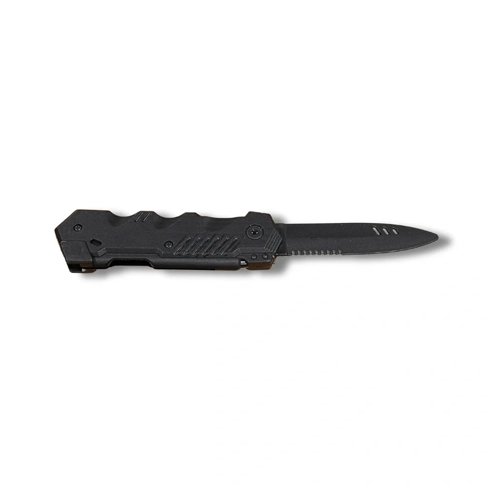 Black retractable training knife with a textured handle and an extended serrated blade.