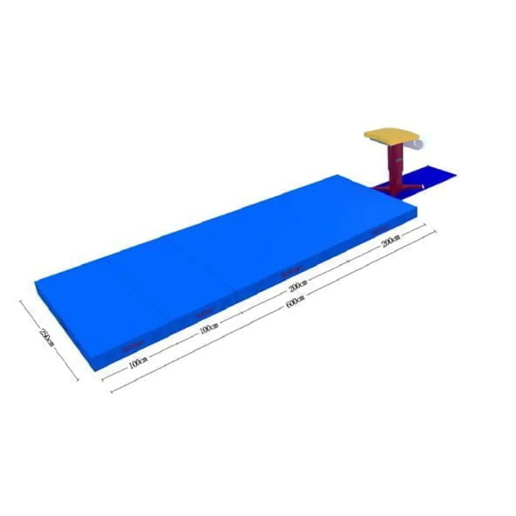 Modular landing mat for a balance beam composed of four rectangular panels aligned lengthwise with a balance beam at one end.