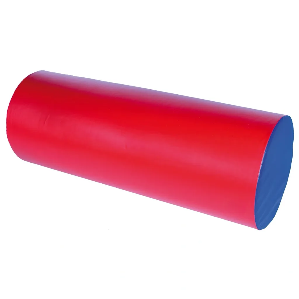 Red cylindrical foam play roller with blue circular ends, shown on white background.