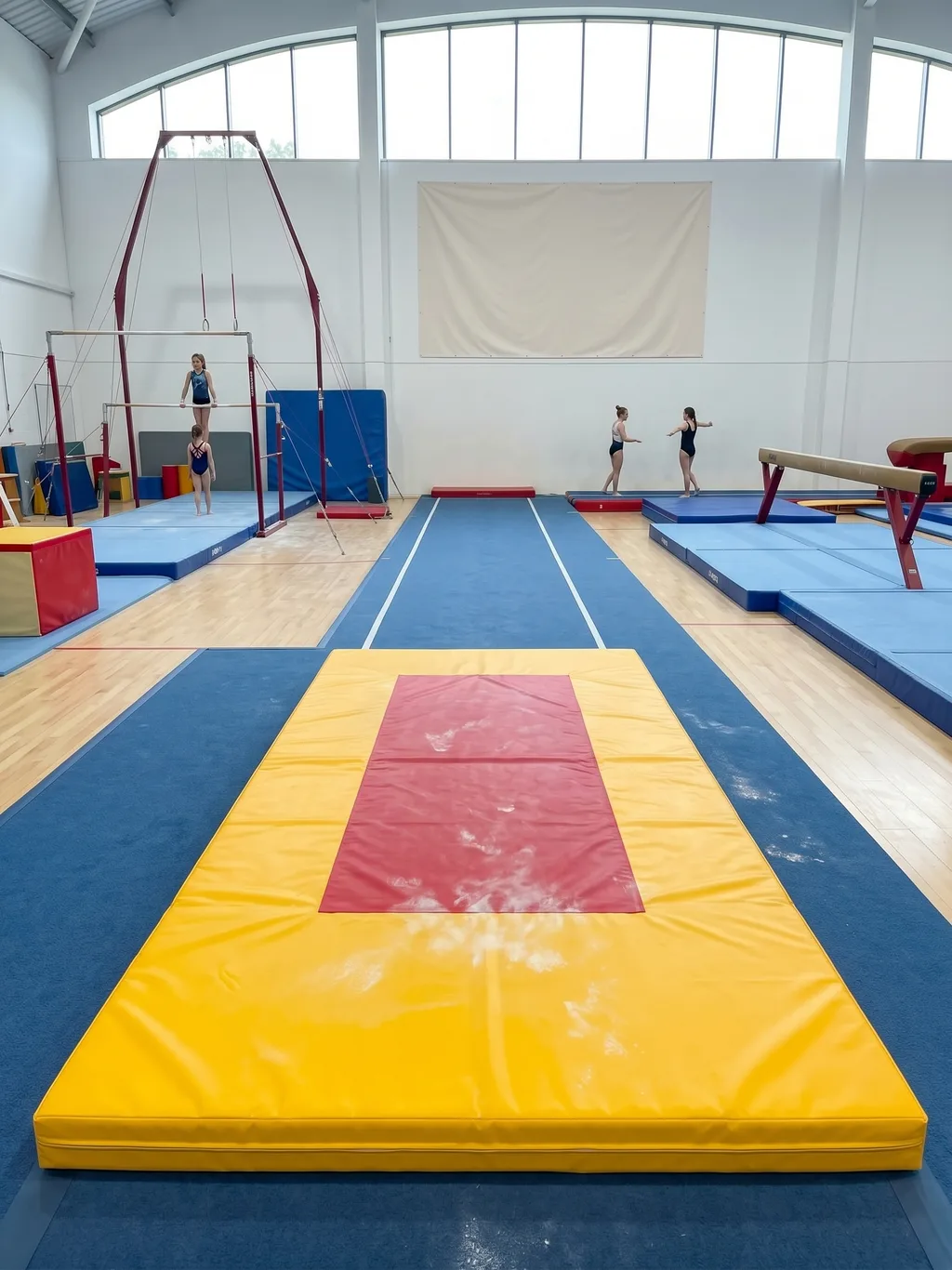 Bright yellow landing mat with a central red target zone at the end of a blue runway in an indoor gymnastics hall.