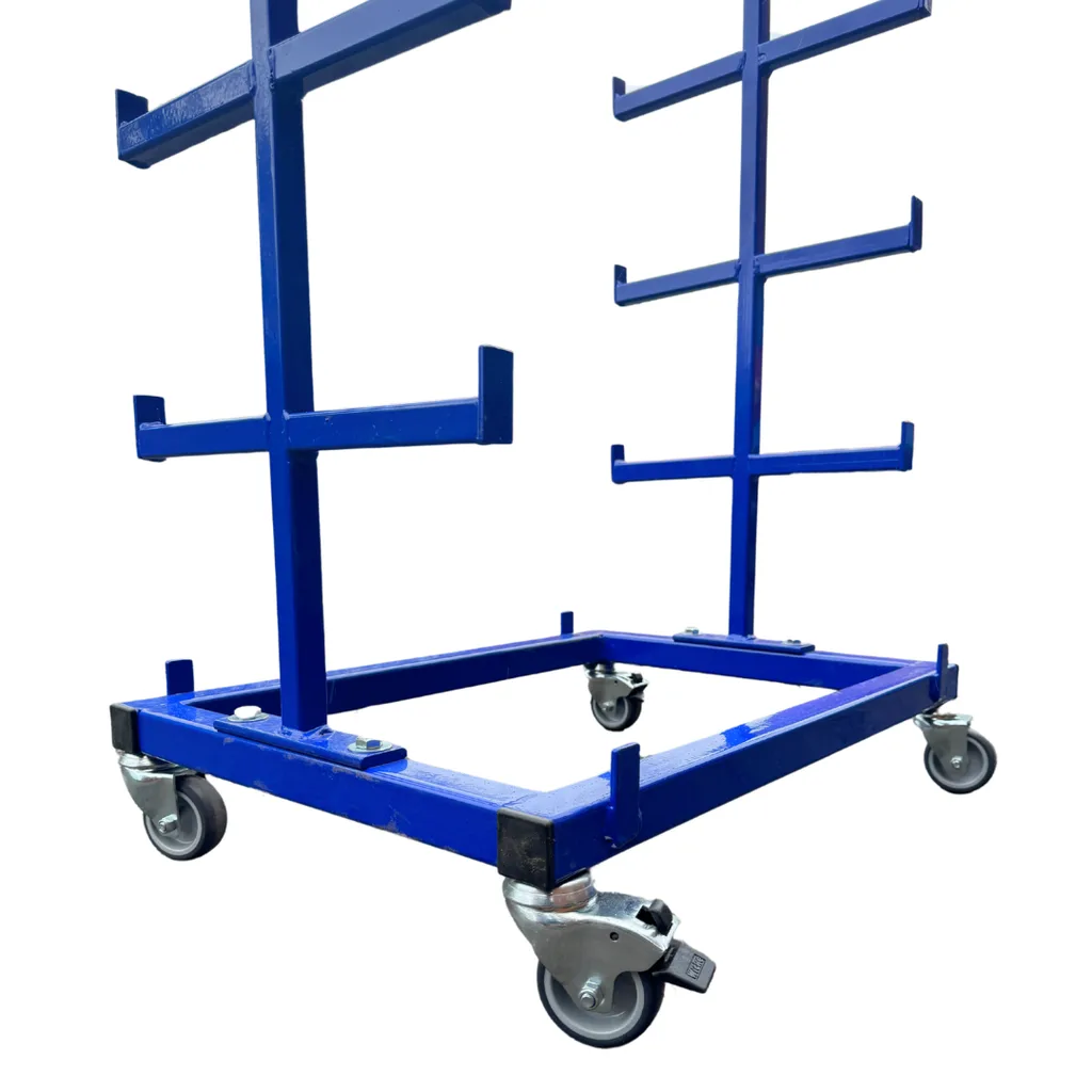 Starting block storage rack on four caster wheels with vertical arms to hold up to 10 blocks.